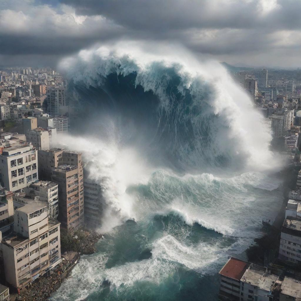 A gigantic tsunami wave towering over a densely packed city, buildings staggered at different heights. The impending destruction imparts a sense of urgency and suspense.