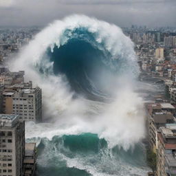 A gigantic tsunami wave towering over a densely packed city, buildings staggered at different heights. The impending destruction imparts a sense of urgency and suspense.