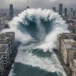 A gigantic tsunami wave towering over a densely packed city, buildings staggered at different heights. The impending destruction imparts a sense of urgency and suspense.