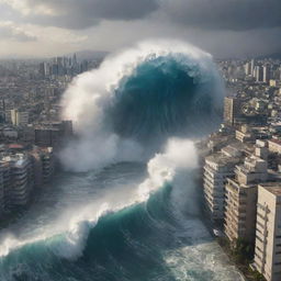 A gigantic tsunami wave towering over a densely packed city, buildings staggered at different heights. The impending destruction imparts a sense of urgency and suspense.