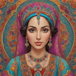 A cartoon of a Moroccan princess emanating a regal aura, decked out in traditional Moroccan attire rich in vibrant colors and intricate designs