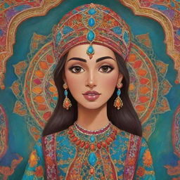 A cartoon of a Moroccan princess emanating a regal aura, decked out in traditional Moroccan attire rich in vibrant colors and intricate designs