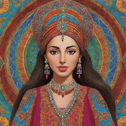 A cartoon of a Moroccan princess emanating a regal aura, decked out in traditional Moroccan attire rich in vibrant colors and intricate designs