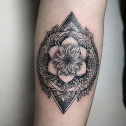 An intricate and artistic tattoo with a blend of floral and geometric designs, inked in black and white.