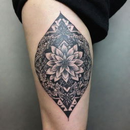 An intricate and artistic tattoo with a blend of floral and geometric designs, inked in black and white.