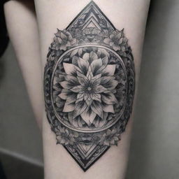 An intricate and artistic tattoo with a blend of floral and geometric designs, inked in black and white.