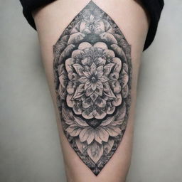 An intricate and artistic tattoo with a blend of floral and geometric designs, inked in black and white.