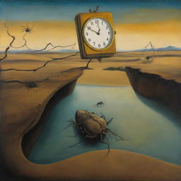 A painting in the style of Salvador Dalí's 'The Persistence of Memory', replacing the original melty clocks with similarly distorted, surreal spiders.