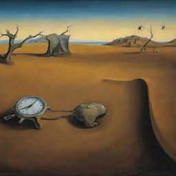 A painting in the style of Salvador Dalí's 'The Persistence of Memory', replacing the original melty clocks with similarly distorted, surreal spiders.