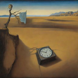 A painting in the style of Salvador Dalí's 'The Persistence of Memory', replacing the original melty clocks with similarly distorted, surreal spiders.