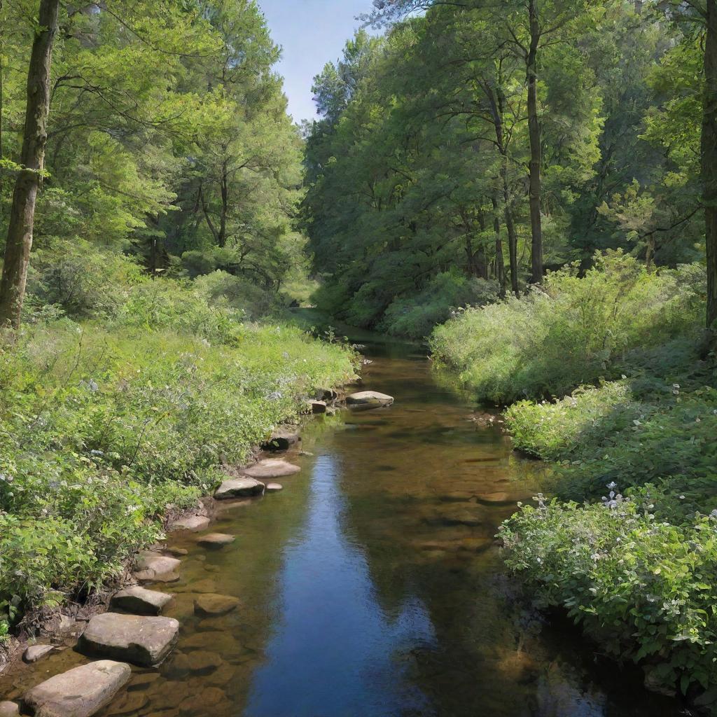 A serene landscape featuring a babbling brook surrounded by lush, green trees under a clear, blue sky.