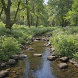 A serene landscape featuring a babbling brook surrounded by lush, green trees under a clear, blue sky.