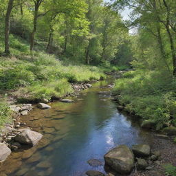 A serene landscape featuring a babbling brook surrounded by lush, green trees under a clear, blue sky.