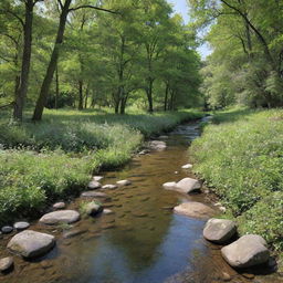 A serene landscape featuring a babbling brook surrounded by lush, green trees under a clear, blue sky.