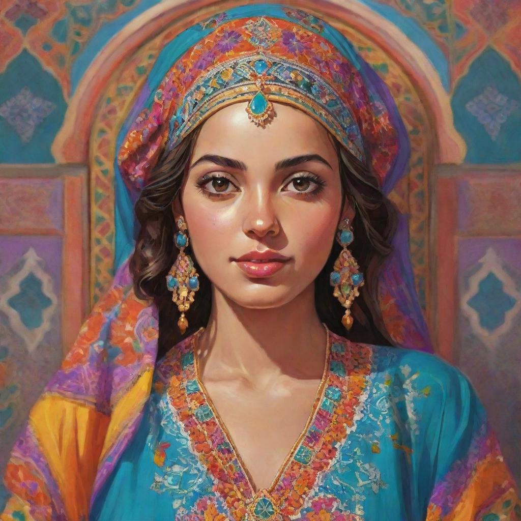 Aesthetic cartoon of a Moroccan girl dressed in a colorful, richly detailed traditional kaftan.