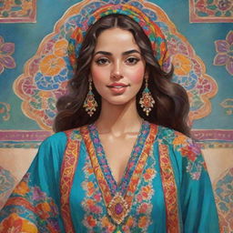 Aesthetic cartoon of a Moroccan girl dressed in a colorful, richly detailed traditional kaftan.