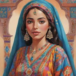 Aesthetic cartoon of a Moroccan girl dressed in a colorful, richly detailed traditional kaftan.