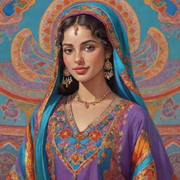 Aesthetic cartoon of a Moroccan girl dressed in a colorful, richly detailed traditional kaftan.