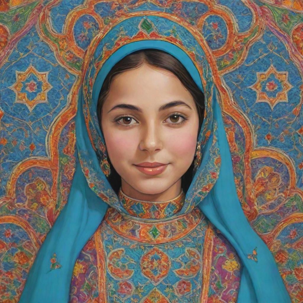 A cartoon of a Moroccan girl donned in a vibrant and ornately decorated Qaftan.