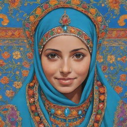 A cartoon of a Moroccan girl donned in a vibrant and ornately decorated Qaftan.