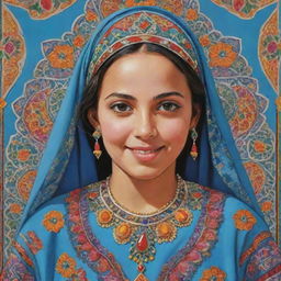 A cartoon of a Moroccan girl donned in a vibrant and ornately decorated Qaftan.