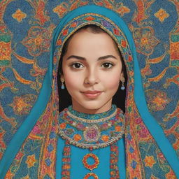 A cartoon of a Moroccan girl donned in a vibrant and ornately decorated Qaftan.