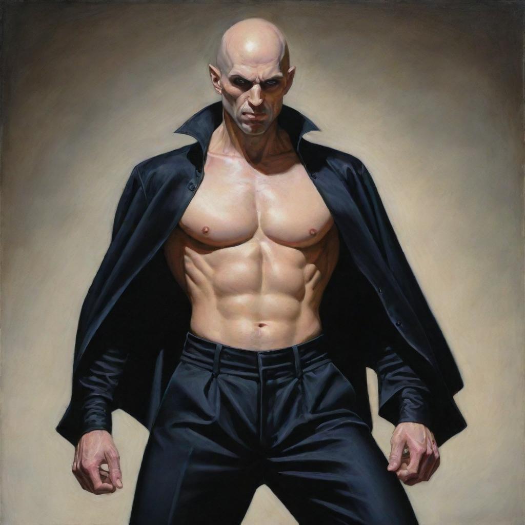 A hyper-detailed painting in the style of Anne-Louis Girodet, featuring a pale-skinned, alpha-male vampire with characteristics similar to Alex Ross: a shaven bald head, chiseled jaw, black beard, and athletic fit body, adorned in tactical pants.