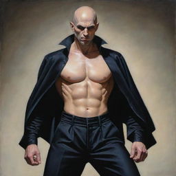 A hyper-detailed painting in the style of Anne-Louis Girodet, featuring a pale-skinned, alpha-male vampire with characteristics similar to Alex Ross: a shaven bald head, chiseled jaw, black beard, and athletic fit body, adorned in tactical pants.