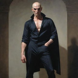 A hyper-detailed painting in the style of Anne-Louis Girodet, featuring a pale-skinned, alpha-male vampire with characteristics similar to Alex Ross: a shaven bald head, chiseled jaw, black beard, and athletic fit body, adorned in tactical pants.