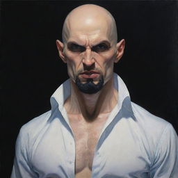 A hyper-detailed painting in the style of Anne-Louis Girodet, featuring a pale-skinned, alpha-male vampire with characteristics similar to Alex Ross: a shaven bald head, chiseled jaw, black beard, and athletic fit body, adorned in tactical pants.