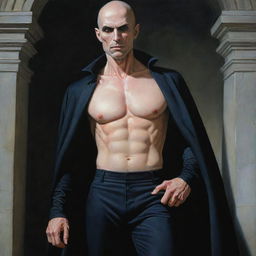 A hyper-detailed painting in the style of Anne-Louis Girodet, featuring a pale-skinned, alpha-male vampire with characteristics similar to Alex Ross: a shaven bald head, chiseled jaw, black beard, and athletic fit body, adorned in tactical pants.