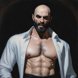 Hyperdetailed, Anne-Louis Girodet-style painting of a vampire man resembling Alex Ross, shaved bald with a chiseled jaw, full black beard, athletic fit body, clothed in tactical pants. His pale skin emphasizes his alpha-male aura.