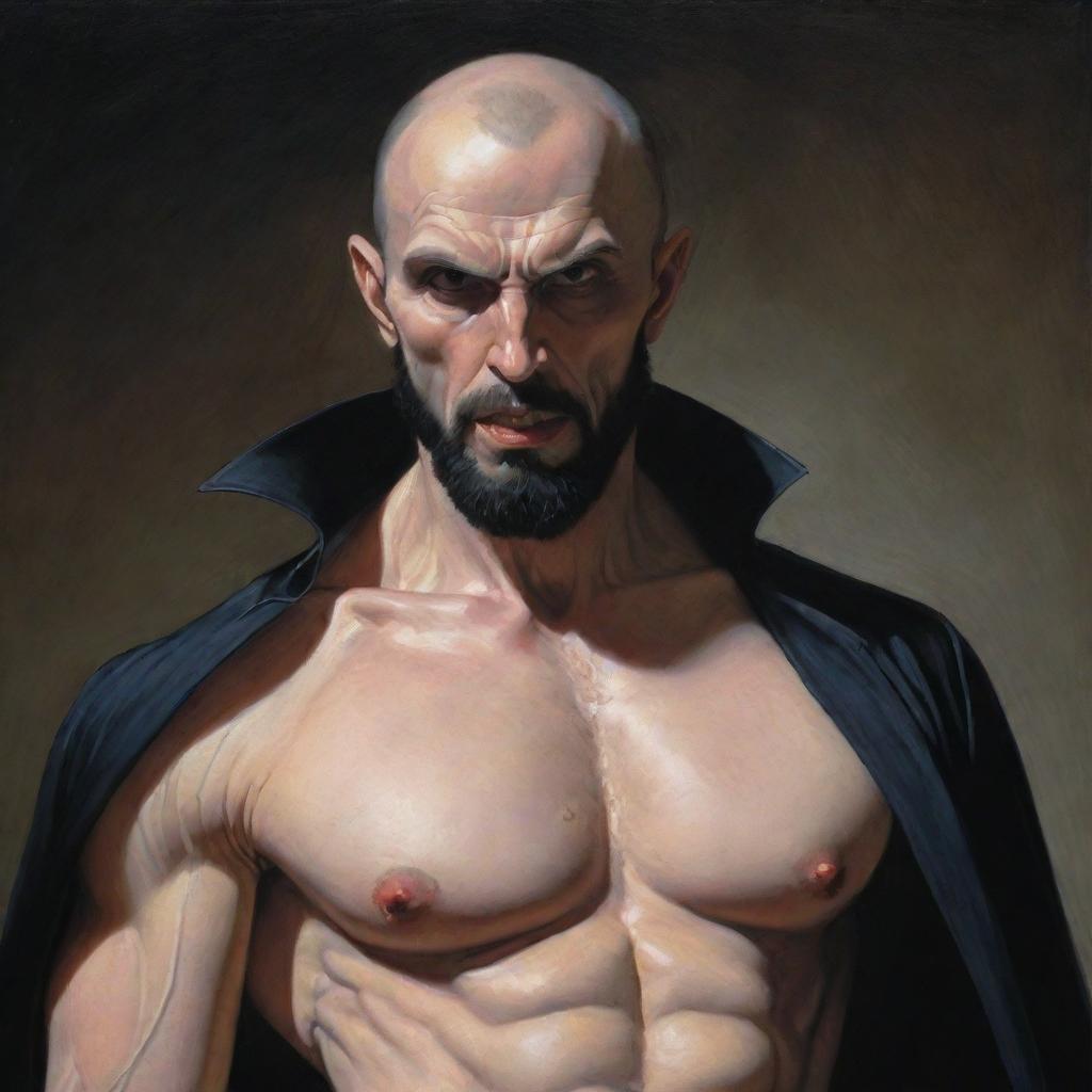 Hyperdetailed, Anne-Louis Girodet-style painting of a vampire man resembling Alex Ross, shaved bald with a chiseled jaw, full black beard, athletic fit body, clothed in tactical pants. His pale skin emphasizes his alpha-male aura.