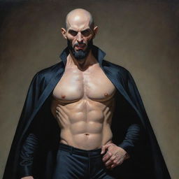 Hyperdetailed, Anne-Louis Girodet-style painting of a vampire man resembling Alex Ross, shaved bald with a chiseled jaw, full black beard, athletic fit body, clothed in tactical pants. His pale skin emphasizes his alpha-male aura.