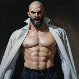 Hyperdetailed, Anne-Louis Girodet-style painting of a vampire man resembling Alex Ross, shaved bald with a chiseled jaw, full black beard, athletic fit body, clothed in tactical pants. His pale skin emphasizes his alpha-male aura.