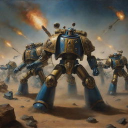 A painting in Salvador Dalí's style, akin to 'The Persistence of Memory', but featuring three Warhammer 40k Space Marines charging towards the forefront of the image.