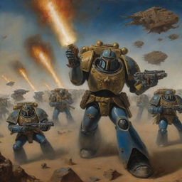 A painting in Salvador Dalí's style, akin to 'The Persistence of Memory', but featuring three Warhammer 40k Space Marines charging towards the forefront of the image.