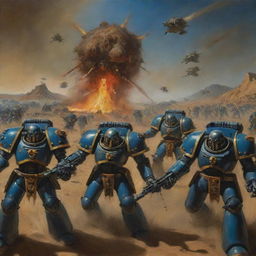 A painting in Salvador Dalí's style, akin to 'The Persistence of Memory', but featuring three Warhammer 40k Space Marines charging towards the forefront of the image.