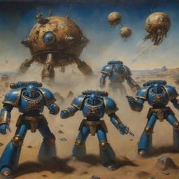 A painting in Salvador Dalí's style, akin to 'The Persistence of Memory', but featuring three Warhammer 40k Space Marines charging towards the forefront of the image.