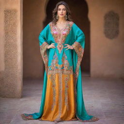 A detailed and authentic Moroccan kaftan draped elegantly. Highlight its vibrant colors, intricate embroidery and luxurious silk fabric.