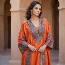 A detailed and authentic Moroccan kaftan draped elegantly. Highlight its vibrant colors, intricate embroidery and luxurious silk fabric.