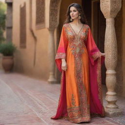 A detailed and authentic Moroccan kaftan draped elegantly. Highlight its vibrant colors, intricate embroidery and luxurious silk fabric.