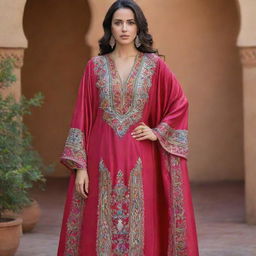 A detailed and authentic Moroccan kaftan draped elegantly. Highlight its vibrant colors, intricate embroidery and luxurious silk fabric.