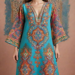 Create a colorful and joyful cartoon image of a Moroccan kaftan, detailing its intricate designs and vibrant colors