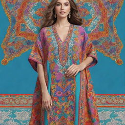 Create a colorful and joyful cartoon image of a Moroccan kaftan, detailing its intricate designs and vibrant colors