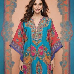 Create a colorful and joyful cartoon image of a Moroccan kaftan, detailing its intricate designs and vibrant colors