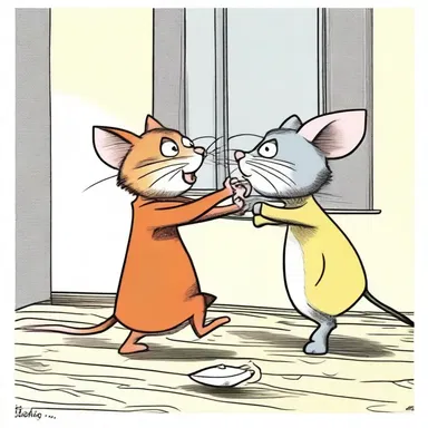 The cartoon depicted the comical struggle between the cat and the mouse as they fought for supremacy in the house.