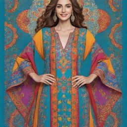 Create a colorful and joyful cartoon image of a Moroccan kaftan, detailing its intricate designs and vibrant colors