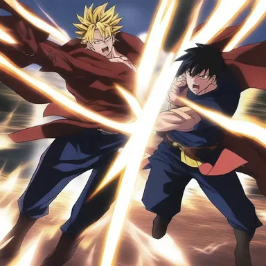 The hero struggled to defeat the powerful villain in an intense anime battle.