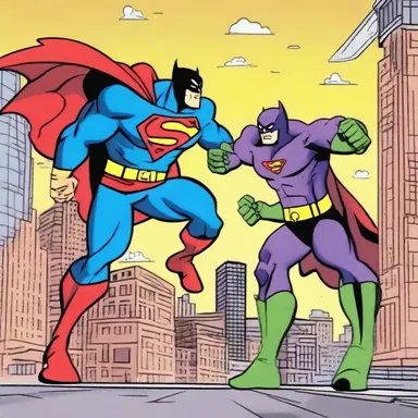 In the cartoon, the superhero struggles to defeat the villain and save the city.